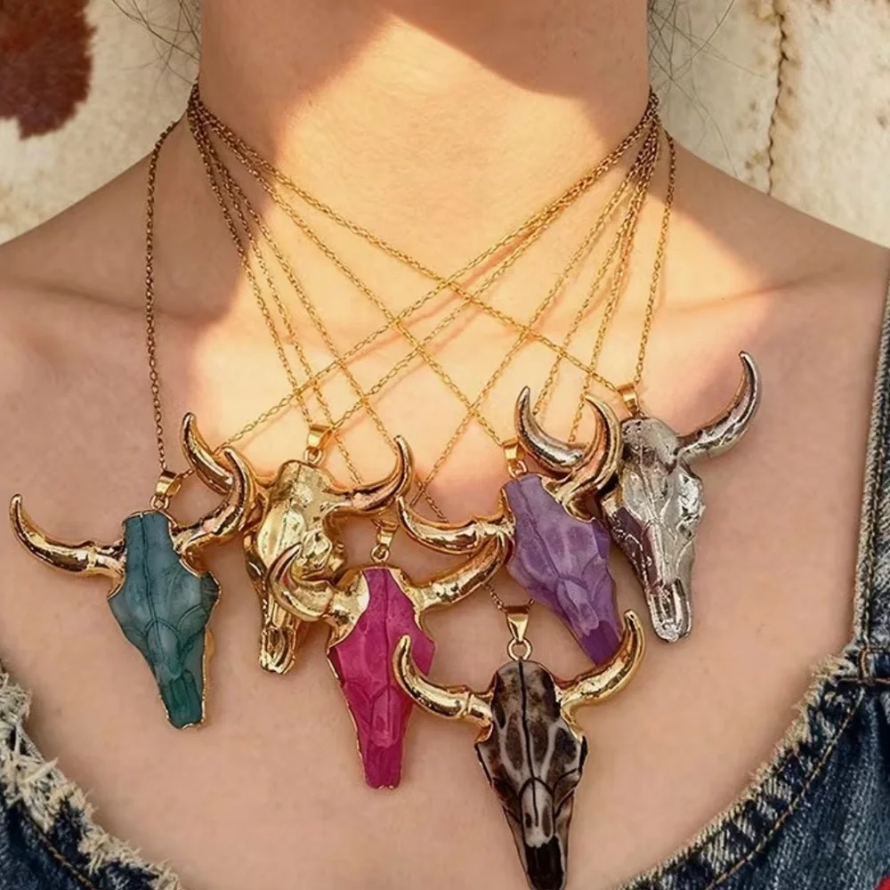 New Bull Skull Pendant Necklaces - Multicolor Stone Options - Picture 1 of 5